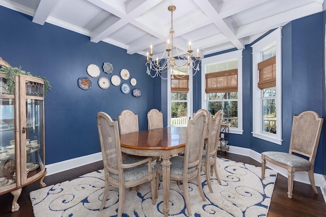 dining space with baseboards, coffered ceiling, wood finished floors, a chandelier, and beam ceiling