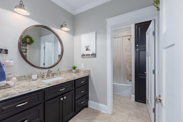 full bath featuring ornamental molding, shower / tub combo, vanity, and baseboards