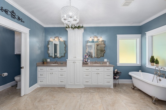 full bath with visible vents, toilet, vanity, and baseboards