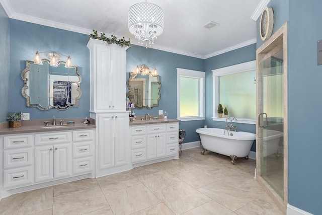 bathroom featuring crown molding, visible vents, a sink, and a shower stall