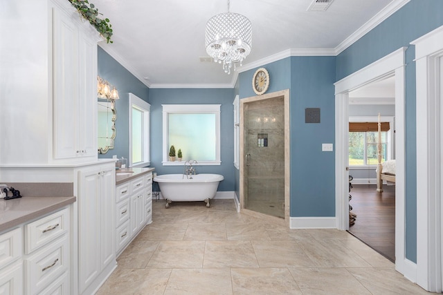 full bathroom featuring visible vents, a soaking tub, crown molding, vanity, and a shower stall