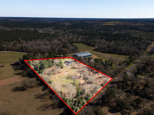 birds eye view of property with a view of trees and a rural view