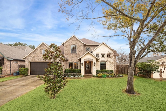 french country home with brick siding, fence, stone siding, driveway, and a front lawn