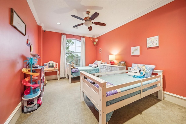 carpeted bedroom with baseboards, ornamental molding, a ceiling fan, and recessed lighting