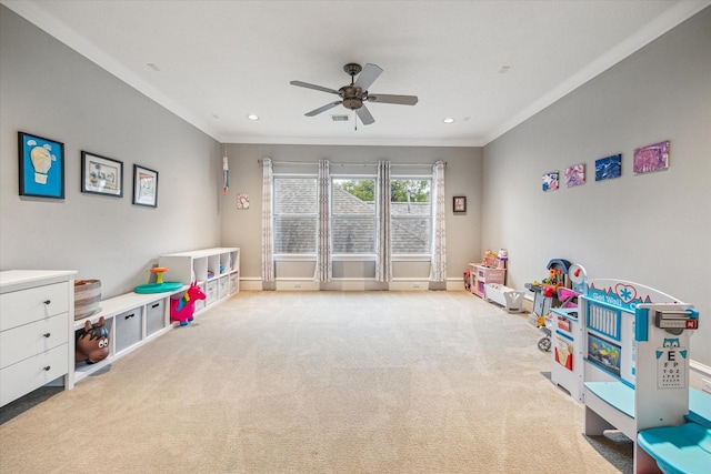 game room featuring recessed lighting, carpet flooring, a ceiling fan, baseboards, and ornamental molding