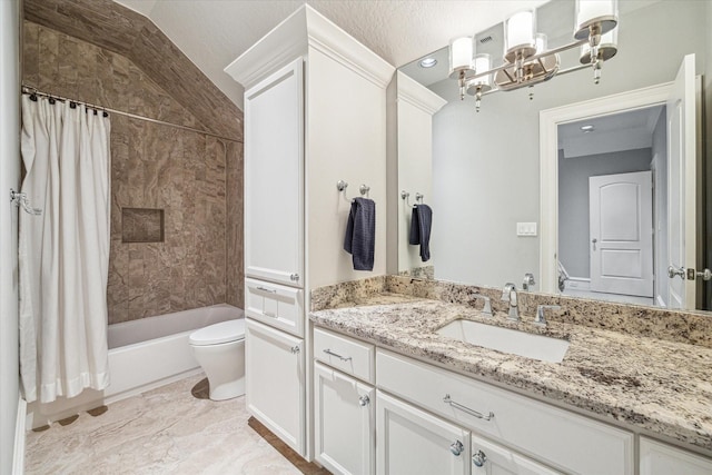 bathroom with a chandelier, shower / tub combo, vanity, and toilet