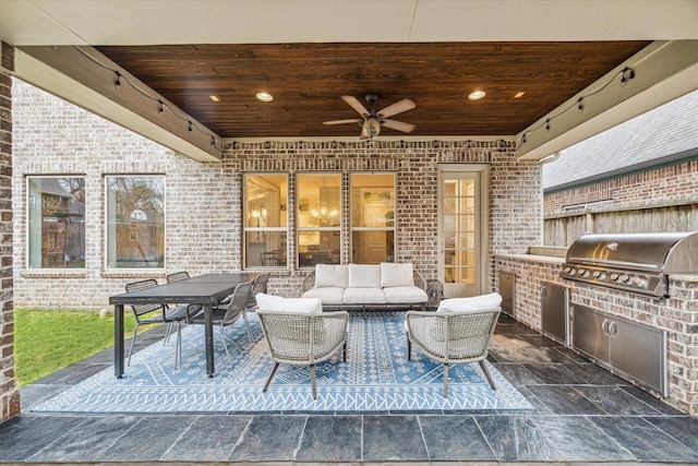 view of patio with outdoor lounge area, grilling area, a ceiling fan, and area for grilling