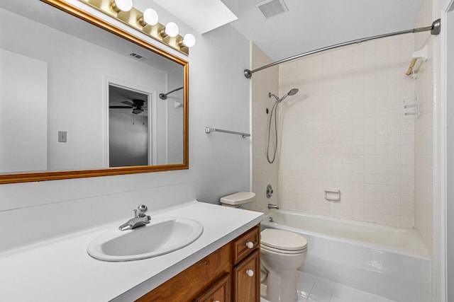 bathroom with visible vents, shower / bathing tub combination, vanity, and toilet