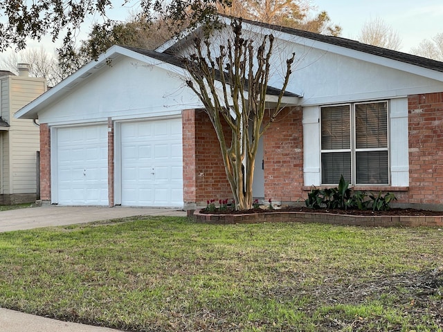 ranch-style home with a garage, concrete driveway, brick siding, and a front lawn