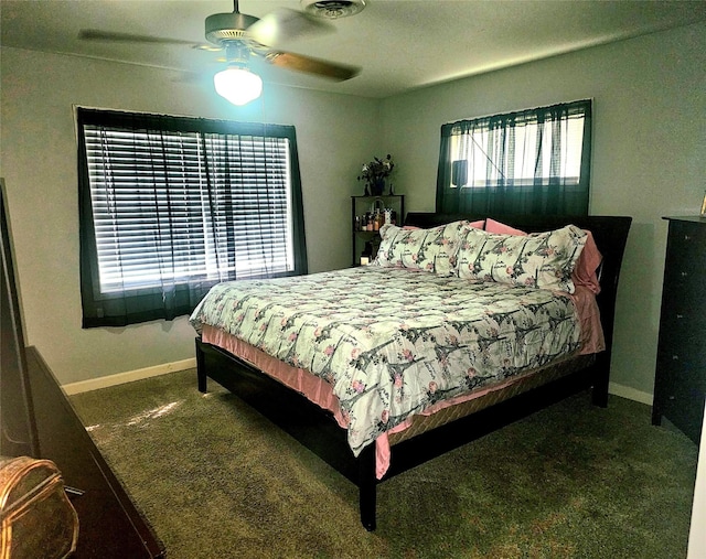 bedroom with carpet flooring, baseboards, and ceiling fan