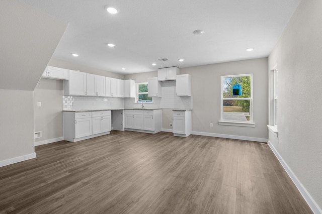 kitchen featuring dark wood-type flooring, white cabinetry, decorative backsplash, and a sink