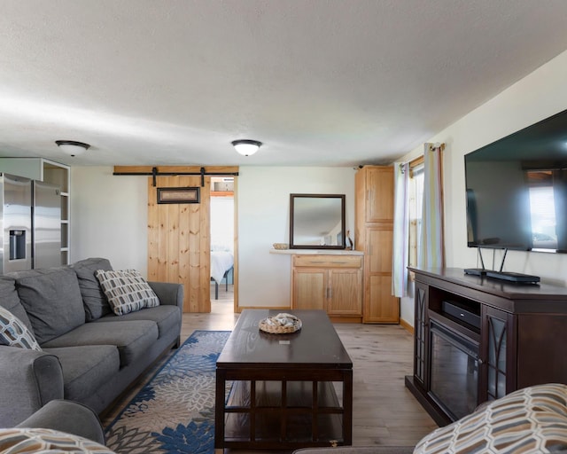 1821 County Road 201, Sargent, TX 77414 - living area with a barn door, light wood-style flooring, and a textured ceiling