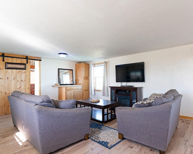 1821 County Road 201, Sargent, TX 77414 - living room with light wood-style flooring, a barn door, and a fireplace