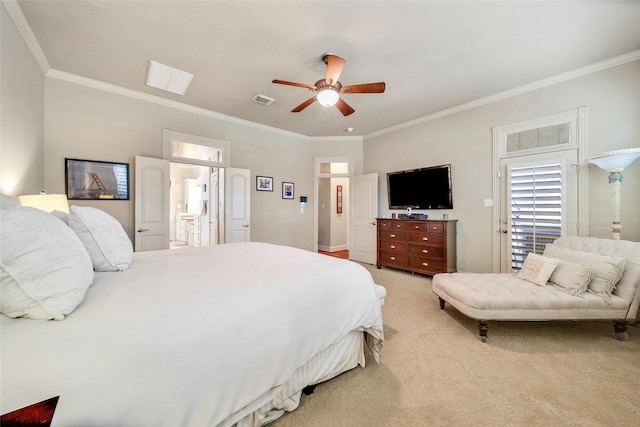 bedroom with ensuite bathroom, light colored carpet, a ceiling fan, visible vents, and crown molding