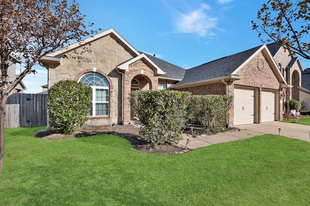 view of front of house featuring an attached garage, brick siding, fence, concrete driveway, and a front lawn