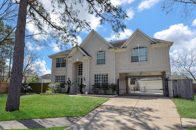 traditional home with brick siding, fence, concrete driveway, a gate, and a front lawn