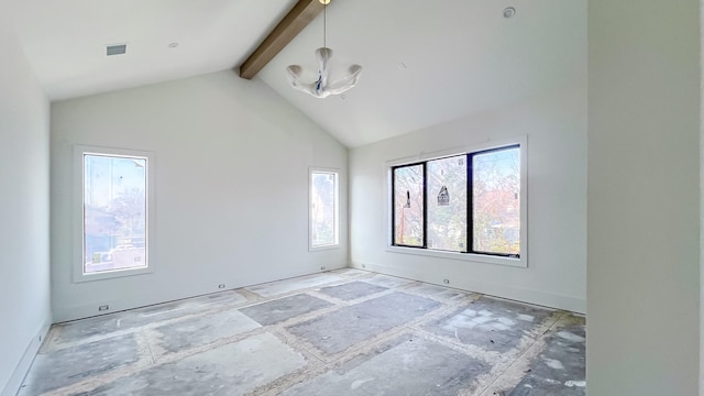 spare room featuring high vaulted ceiling, visible vents, and beam ceiling