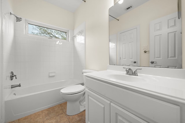 full bath featuring tile patterned flooring, visible vents, tub / shower combination, toilet, and vanity