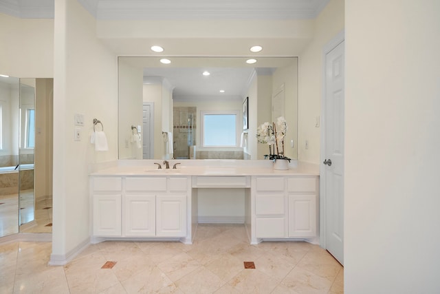 bathroom featuring vanity, baseboards, recessed lighting, a shower stall, and crown molding