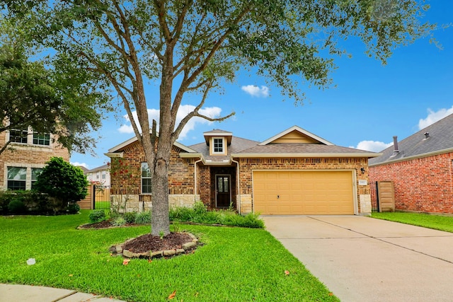 single story home featuring an attached garage, brick siding, fence, driveway, and a front lawn