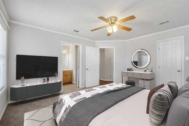 bedroom with ceiling fan, baseboards, visible vents, and crown molding