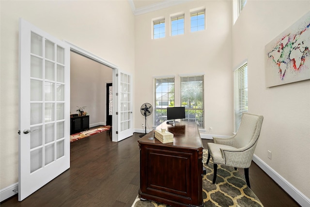 26407 Katy Springs Ln, Katy, TX 77494 - office space featuring baseboards, dark wood finished floors, crown molding, and french doors