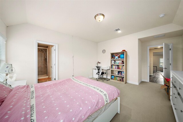 26407 Katy Springs Ln, Katy, TX 77494 - carpeted bedroom featuring lofted ceiling, visible vents, baseboards, and ensuite bathroom