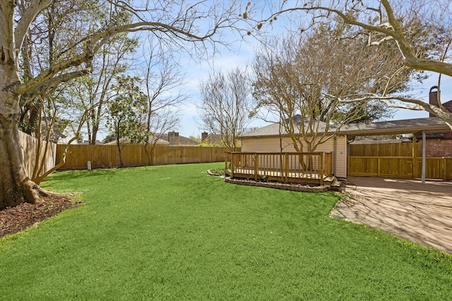 view of yard featuring a fenced backyard and a wooden deck