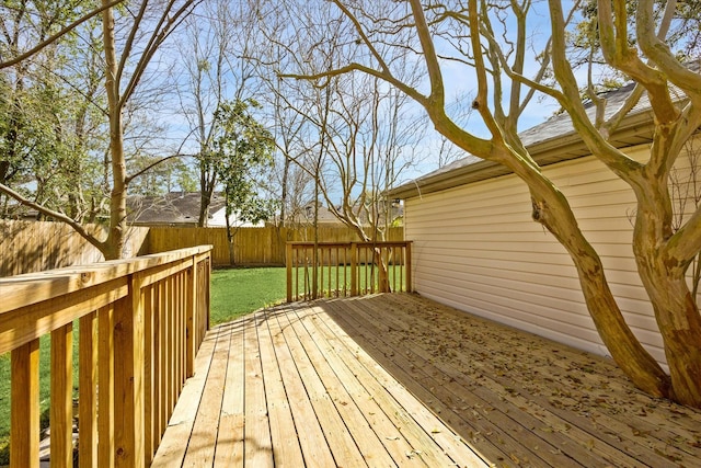 wooden terrace featuring a fenced backyard and a lawn