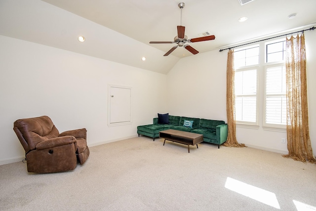 living area featuring lofted ceiling, carpet, baseboards, and recessed lighting