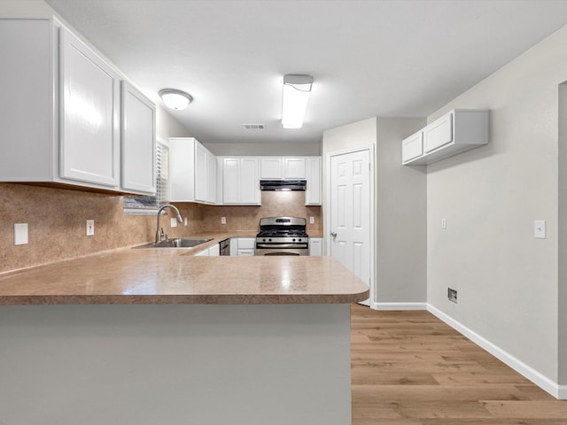 kitchen with baseboards, gas range, a sink, light wood-style floors, and backsplash