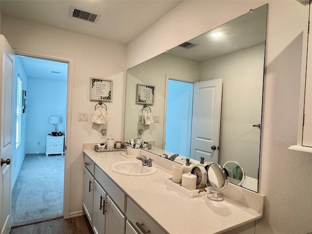 bathroom with visible vents, wood finished floors, and vanity