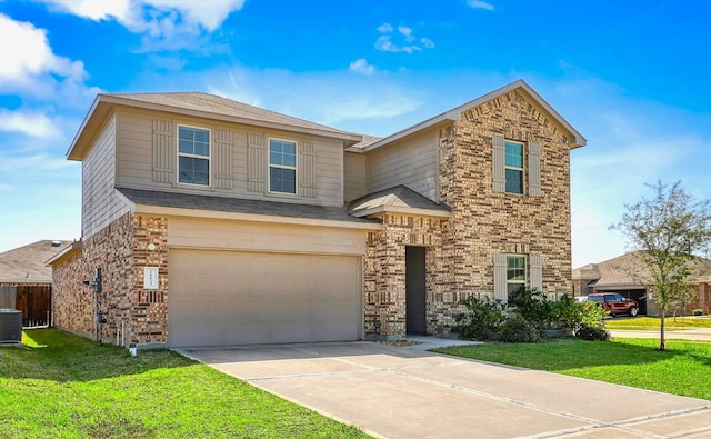 traditional-style home with a front lawn, a garage, brick siding, and driveway