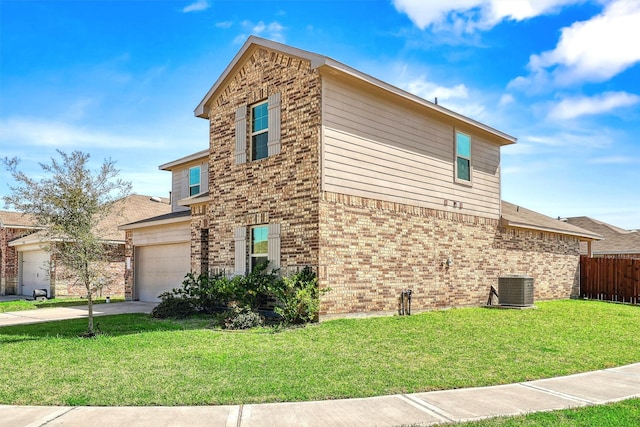 view of side of property with fence, central AC unit, a yard, a garage, and brick siding