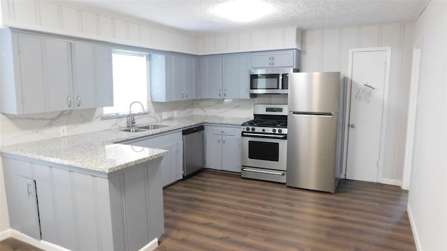 kitchen featuring appliances with stainless steel finishes, dark wood-type flooring, a peninsula, a sink, and backsplash