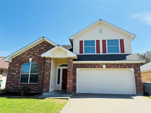 traditional home featuring brick siding, concrete driveway, roof with shingles, stucco siding, and a garage