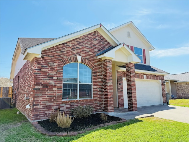 view of front of home with an attached garage, central air condition unit, brick siding, a shingled roof, and concrete driveway