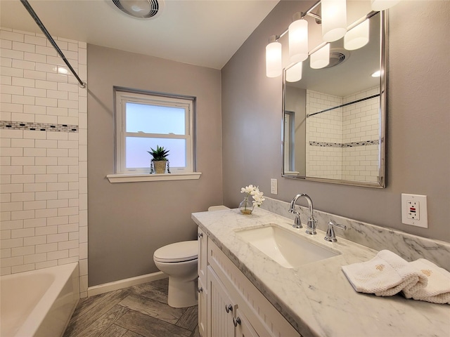 full bathroom with shower / bath combination, visible vents, toilet, vanity, and baseboards