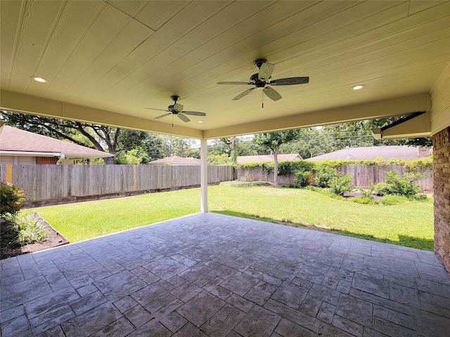 view of patio / terrace featuring a fenced backyard and ceiling fan