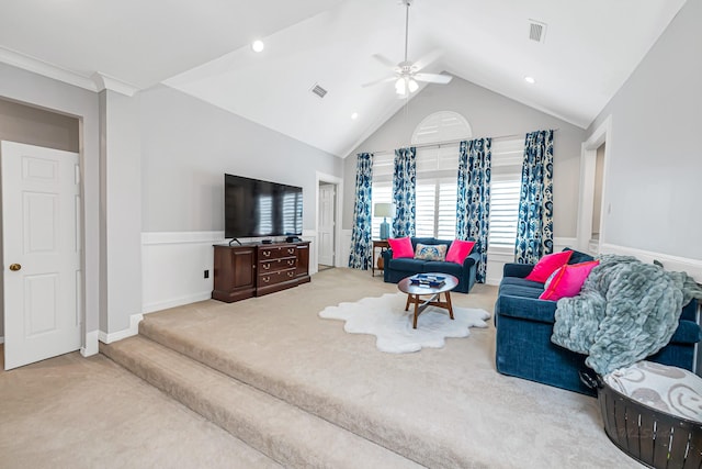 living room with high vaulted ceiling, carpet flooring, visible vents, and a ceiling fan