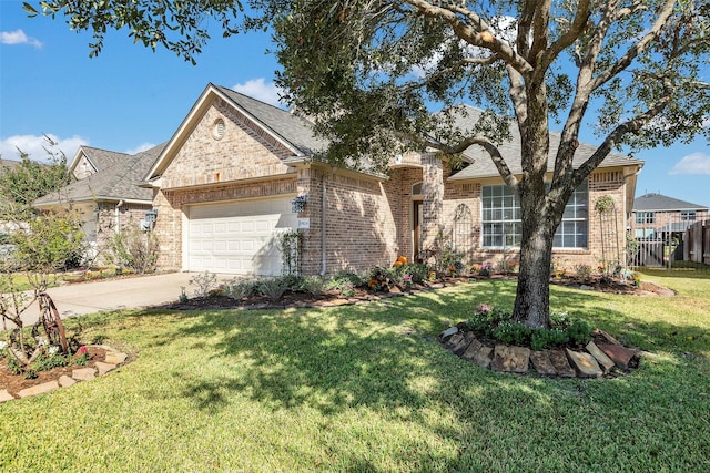 view of front of property with an attached garage, a front yard, fence, and brick siding