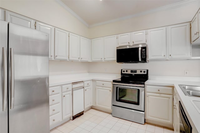 kitchen featuring white cabinetry, stainless steel appliances, crown molding, and light countertops