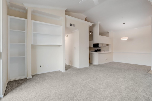 unfurnished living room featuring crown molding, vaulted ceiling, visible vents, and light colored carpet