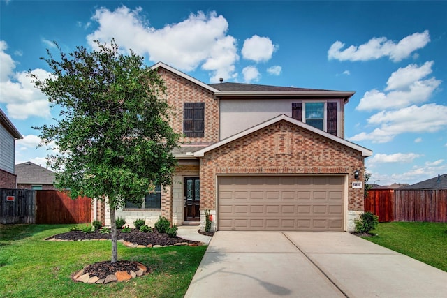 traditional-style house with a garage, concrete driveway, a front lawn, and fence