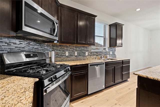 kitchen with dark brown cabinetry, tasteful backsplash, stainless steel appliances, light wood-type flooring, and a sink