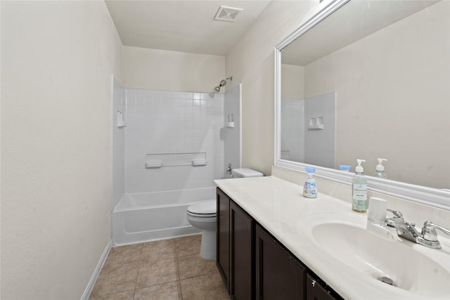 bathroom with visible vents, toilet, vanity, tile patterned flooring, and shower / bathtub combination