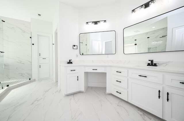 bathroom with a sink, marble finish floor, double vanity, and a marble finish shower