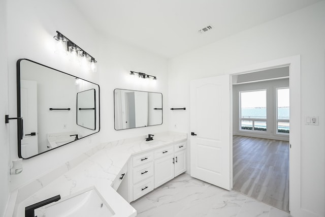 full bathroom featuring marble finish floor, visible vents, a sink, and double vanity