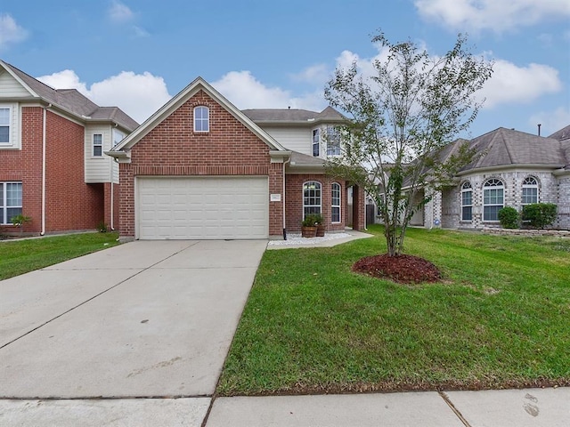 view of front of property featuring a garage, concrete driveway, brick siding, and a front lawn