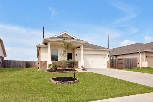 ranch-style house with brick siding, an attached garage, fence, driveway, and a front lawn